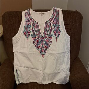 Lucky Brand White Top with Pink and Blue Embroidery